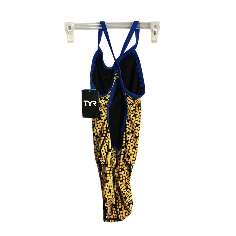 TYR Swimsuit One Piece Block Squares Yellow Black Open Back - Picture 11 of 13